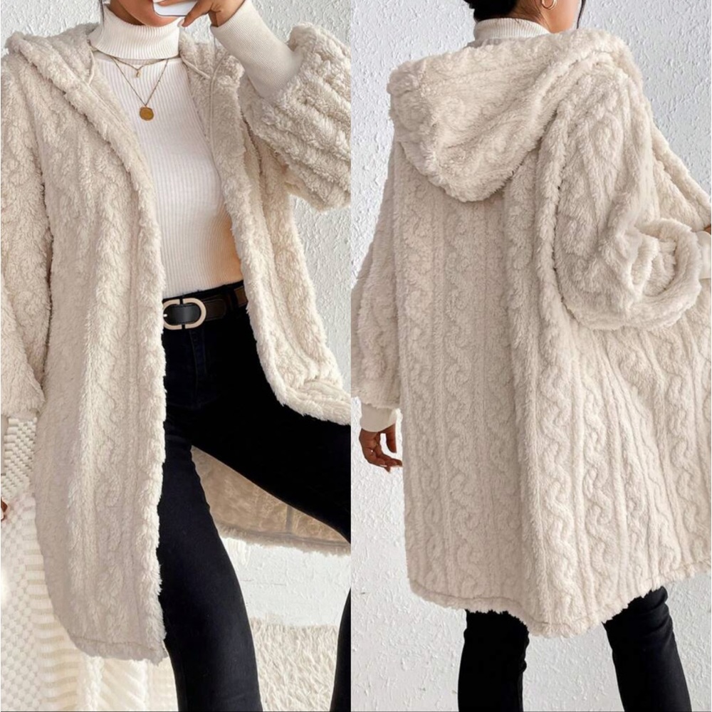 Luxe cozy open front teddy hoodie jacket coat